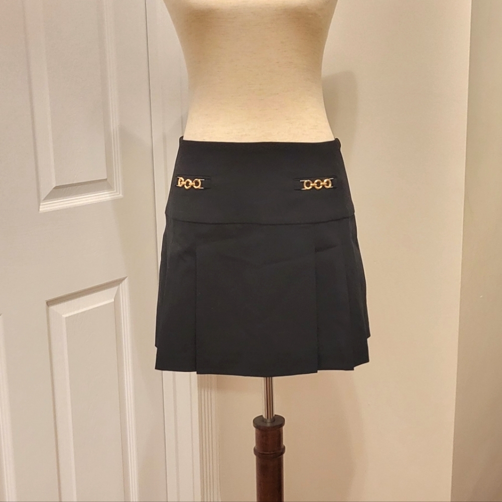 ba&sh Jamu Black Pleated Mini Skirt with Gold Chain Detail - Size 42 / XL